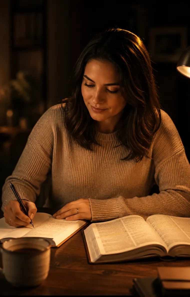 Mulher escrevendo no caderno ao lado da Bíblia aberta, com expressão de clareza